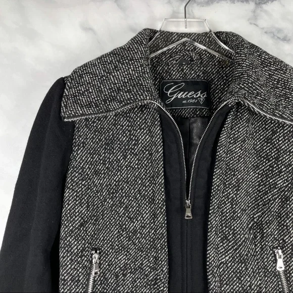 Guess Wool Blend Tweed Moto Zip Pleated Midi Pea Coat Retro Y2K Black Grey M - Picture 2 of 8